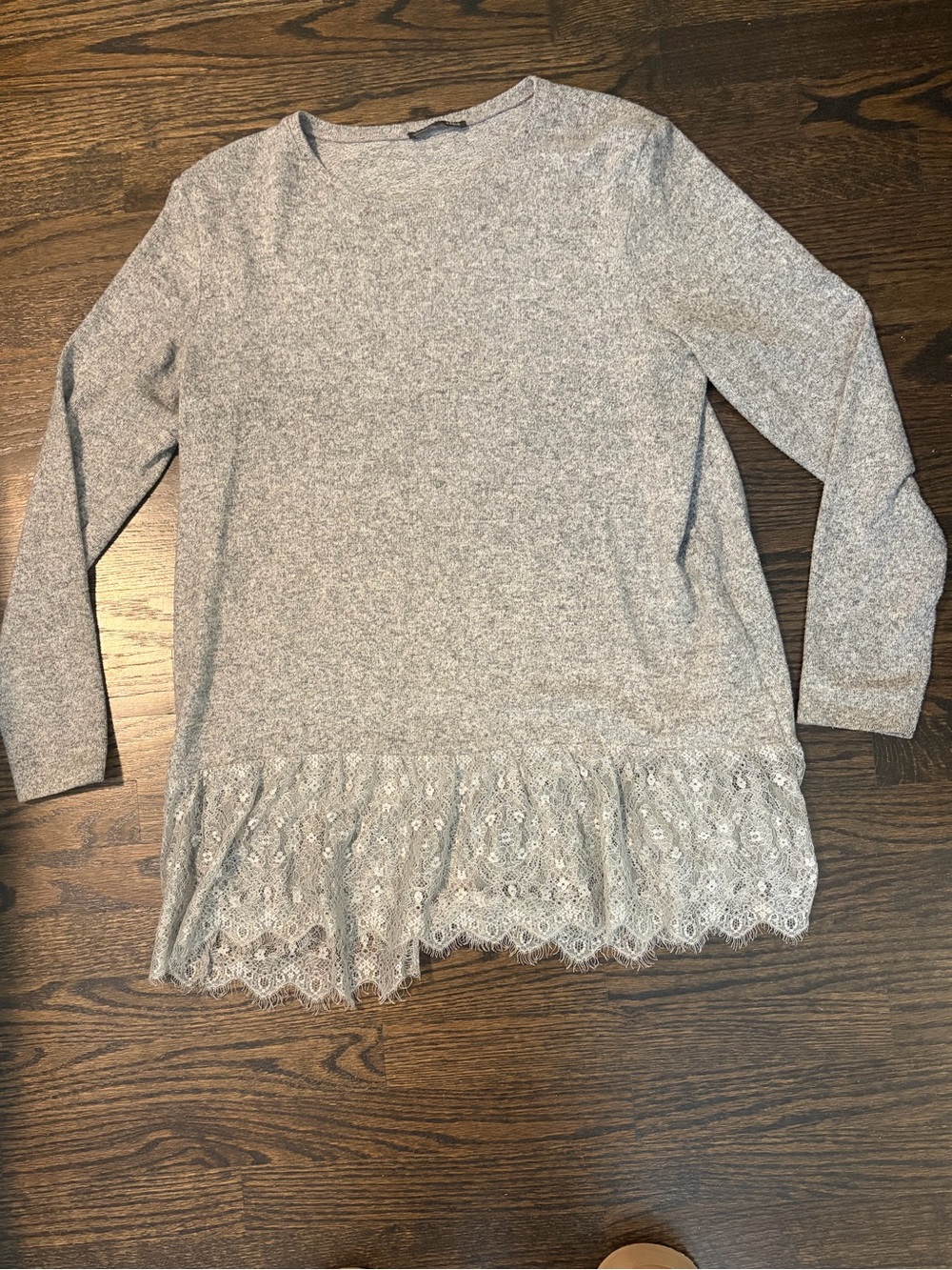Zara Light Gray Lace-Hem Long Sleeve Top